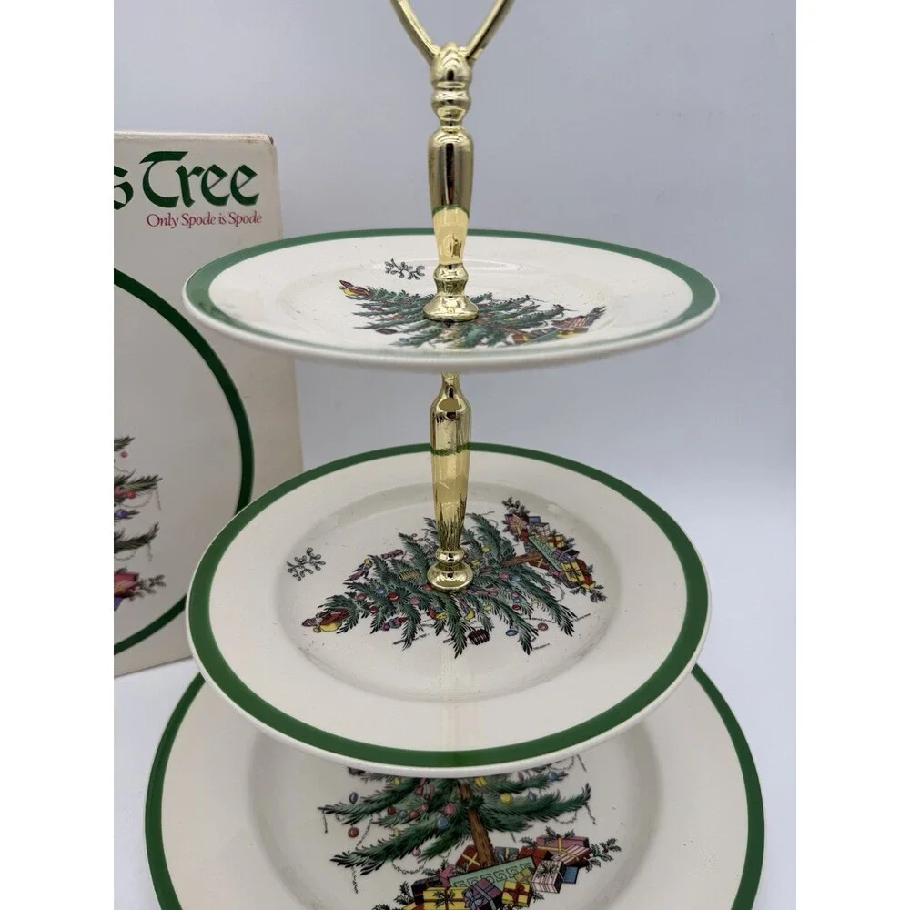Spode Christmas Tree Triple 3 Tier Serving Tray Cookie Stand England Porcelain B